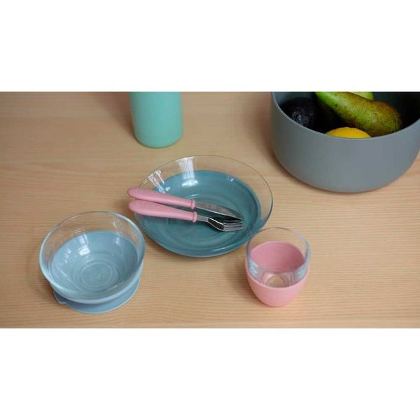 Набір дитячого посуду зі скла Beaba 3 предмети - рожевий/сірий (913487) 913487 фото